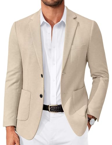 COOFANDY Mens Casual Blazer Slim Fit Knit Blazers Jacket Two Button Lightweight Sports Coats, Light Khaki, XXL