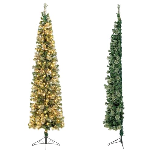 COSTWAY 7FT Pre-Lit Half Christmas Tree Space-Saving Corner Xmas Trees with 150 LED Lights and Foldable Metal Stand for Office Home Holiday Decor (Green PVC + Pine)