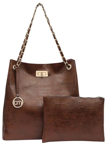 Image of Bagsy Malone Bucket Shaped Tote Bag -Set of 2 | Handcrafted Side Tote Bag for Office and College (Croco Brown)