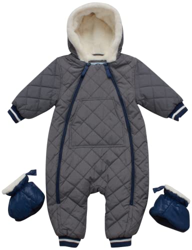 Image of URBAN REPUBLIC Baby Boys' Infant Snowsuit Pram - Quilted Fur Lined Jumpsuit - Heavyweight Romper with Booties (Sizes: 12M-24)