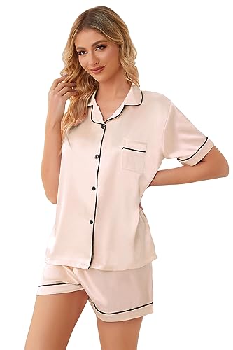 Image of Schbbbta Girls Womens Pajamas, Satin Silky Pjs Set Kids 2Pcs Button-Down Nightwear Sleepwear Gift for Mommy and me