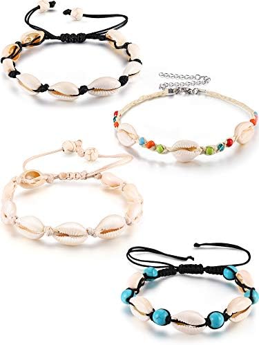 meekoo 4 Pieces Natural Cowrie Shell Ankle Bracelets Seashell Crochet Ankle Bracelet Handmade Boho Anklet Jewelry Adjustable Shell Bead Anklet for Women Girls Hawaii Beach Parties (Style B)