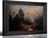 Vintage Framed Gothic Haunted House Canvas Wall Art,Dark Academia Spooky Mansion wall Decor,Mid Century Goth Vampire Forest Painting、Print,for Living Room Bedroom Home Decoration 9x11in