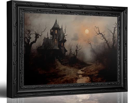Vintage Framed Gothic Haunted House Canvas Wall Art,Dark Academia Spooky Mansion wall Decor,Mid Century Goth Vampire Forest Painting、Print,for Living Room Bedroom Home Decoration 9x11in