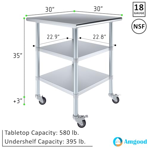 Image of AmGood Stainless Steel Work Table with 2 Shelves and Casters | Metal Utility Table On Wheels (Stainless Steel Work Table with 2 Shelves + Casters, 30 inch Long x 30 inch Deep)