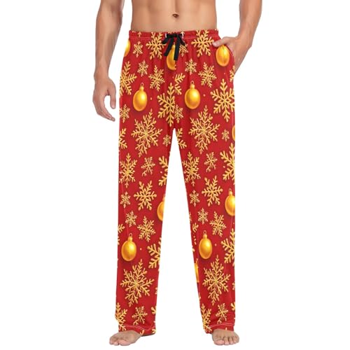 Men's Cotton Pajama Pants Pj Pants with Pockets Comfy Pajama Bottoms, Gold Snowflakes Christmas Red