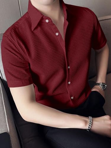 Image of GRECIILOOKS Shirt for Men | Mens Casual Shirt | Men Stylish Shirt | Men Waffle Shirt | Men's Regular Fit | Men Formal Shirt | Short Sleeve Shirt for Summer Outdoor Activities |Textured Shirts for Men