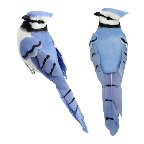 LWINGFLYER 2pcs Clip On Artificial Birds 5.5-Inch Realistic Blue Jay Feathered Bird Ornaments for Christmas Tree Wreath Crafts Seasonal Display Birdhouses Home Party Decor
