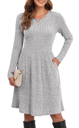 Women's Knit Textured Sweater Dresses Long Sleeve Loose Casual Pleated Fall Dress with Pockets