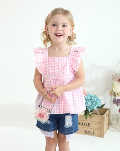 Kucnuzki Baby Girl Clothes Toddler Girl Summer Two Piece Outfit Kids Ruffle Sleeveless Plaid Tops Denim Jeans Shorts Set3