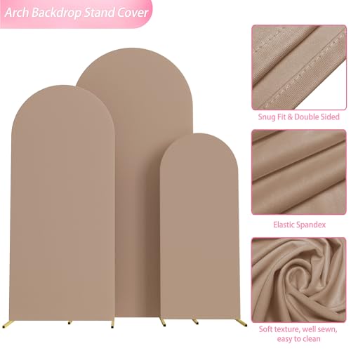Image of Wokceer Wedding Arch Backdrop Cover 6FT, 5FT, 4FT Set of 3 Spandex Fitted Nude Brown Arch Covers for Round Top Chiara Arch Backdrop Stands Cover for Birthday Party Ceremony Decor
