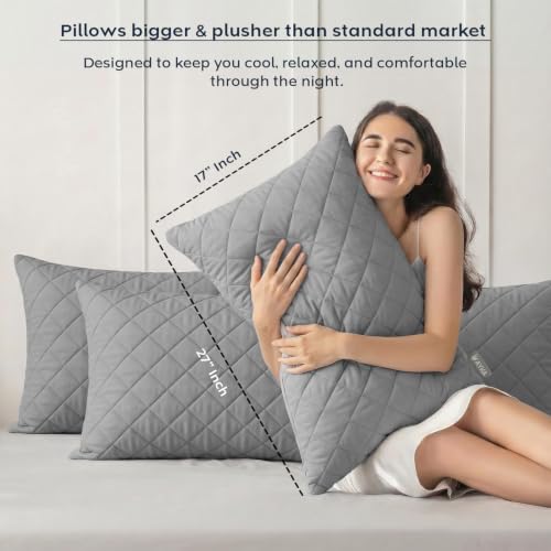 Image of AYKA Quilted Pillow for Sleeping | Super Soft & Fluffy Bed Pillow | 100% Virgin Microfiber Filling | Ergonomic Neck Support | Breathable | Ideal for All Type of Sleepers | 17 x 20 Inch | Pack of 4