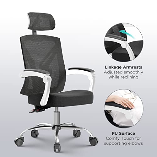 Hbada Ergonomic Office Chair High Back Desk Chair Recliner Chair With Lumbar Support Height Adjustable Seat, Headrest- Breathable Mesh Back Soft Foam Seat Cushion, White #TOP6