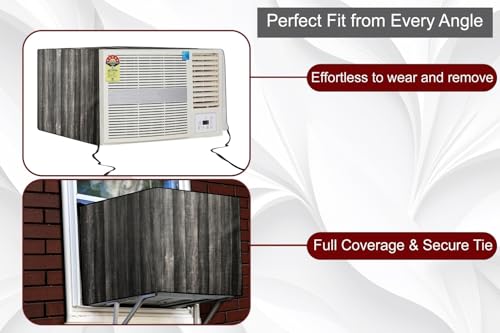 Image of The Furnishing Tree Window AC Cover for 1 Ton Capacity PVC Waterproof and Dustproof Wooden Pattern Black