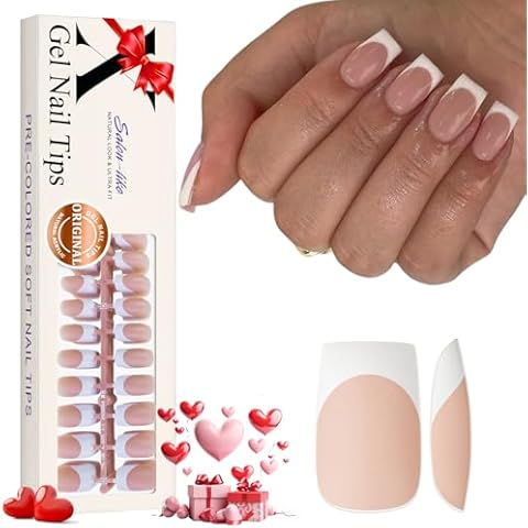 KQueenest Gel French Nail Tips, 300 Pcs White French Tip Press on Nails Short Medium Square, Natural Acrylic Nail Press on, Pre-Applied Gel x Nail Tips, Easy Fake Nail Tips for Nail Art, Brown Cover