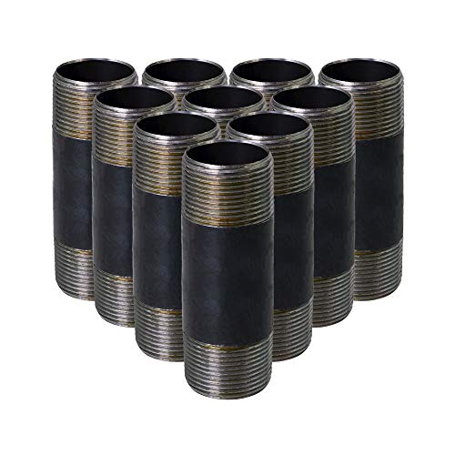 SupplyGiant 3/4 x 5 Inch Black Steel Pipe (10-Pack), Heavy Duty Industrial Malleable Iron Pipes, Pre Cut Threaded Nipple Great For All DIY Furniture And Black Pipe Shelving