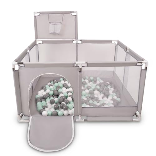 Selonis Recinto Per Bambini Con 100 Palline Colorate 6 Cm, Grigio:Bianco/Grigio/Menta