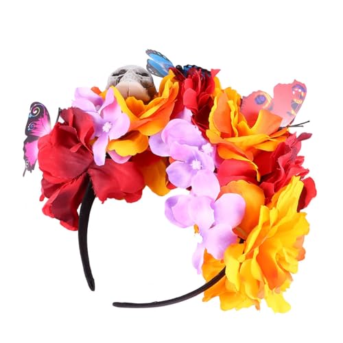HOMSFOU Diadema de Halloween Calavera y Flores Coloridas, Accesorio Ligero para Cosplay y Disfraz, Tocado para Cabello en Fiestas y Carnaval