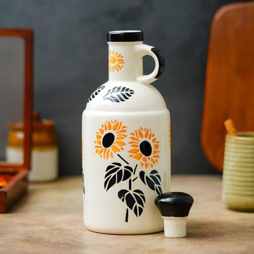 Image of Ceramic Oil Dispenser Bottle 1000ml | Black & Yellow Sunflower Printed Kitchen Oil Container | Refillable Vinegar & Olive Oil Dispenser for Cooking | Pottery Jar with Glazed Finish