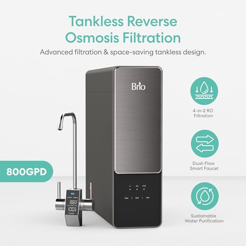 Image of Brio AQUUS TROE800COL Reverse Osmosis Water Filtration System, 4-Stage Tankless RO Water Filter System for Under Sink, 800 GPD, 2:1 Pure to Drain, Reduces TDS, Smart Faucet, USA Support, Black /Silver