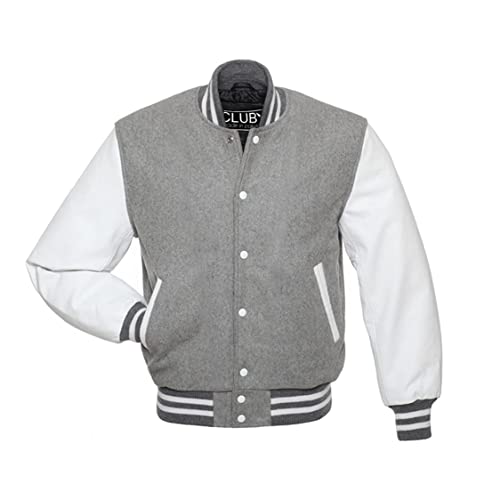 Club Crop Mens premium collage Baseball Varsity jacket High School letterman Bomber/Wool body With Cowhide Leather Sleeves (L, Grey/White)