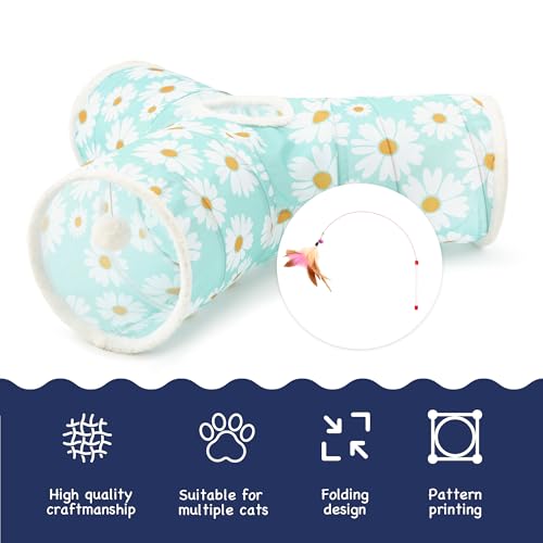 Image of Tempcore Cat Tunnel for Indoor Cats, 3 Way Collapsible Pet Play Tunnel with Teaser Wand, Peek Holes & Hanging Ball, Interactive Tube for Kittens & Rabbits, Daisy Blue Printed