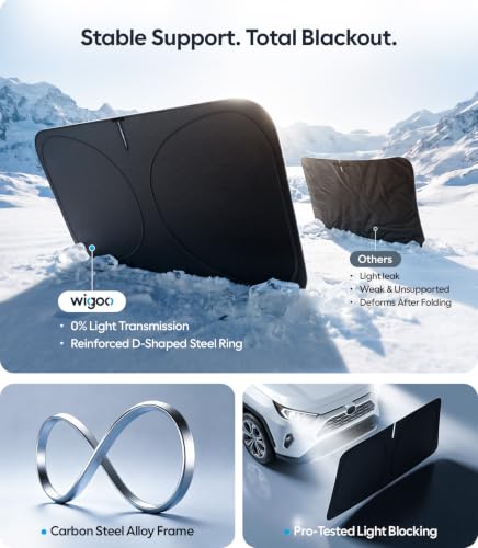 Image of Wigoo 2026 Upgrade Universal Car Windshield Sun Shade [100% Light Block, Durable 210D Oxford] Foldable Heat Insulation Interior Sun Visor to Keep Interior Cool with Storage Bag, S3(59 inchx36 inch)