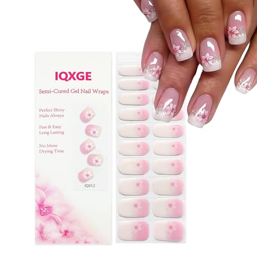 IQXGE 20PCS Pink Semi Cured Gel Nail Strips Spring Summer Ombre Nail Wraps Glossy Flower UV Gel Nails Stickers UV Light Needed Glitter Nails Polish Strips Includes Prep Pads File Wooden Stick