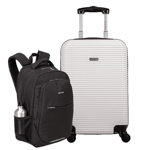 Kit Mala Bordo 10kg + Mochila Sestini, Cadeado TSA, Expansível com Zíper Expansor, Rodas SIlenciosas 360° Linha Premium Internacional de Viagem (4All Branco)
