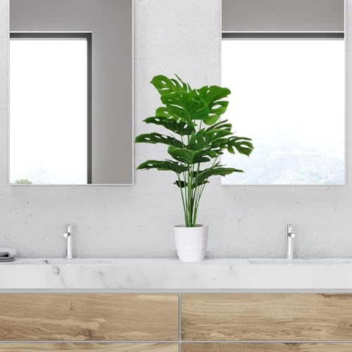 Image of Dekorly Plastic Fake Plants Artificial Floor Plants Large Tropical Palm Tree Tall Monstera Plant in Pot Faux Plants for Indoor Outdoor Home (Monstera | White Pot, Pack of 2)