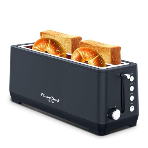 Image of Plum chef 4-Slice Toaster, Extra Wide Long Slot Toaster, 6 Browning Settings, Bagel /Defrost /Reheat Functions, Removable Crumb Tray, Stainless Steel Housing 1350W，Matte Black