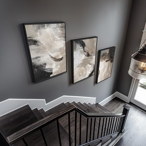 Large Framed Neutral Abstract Wall Art for Living Room, 3 Piece Modern Canvas Prints Paintings Artwork for Walls, Black Beige Brown Neutral Tone Pictures for Hallway Bedroom Office Wall Decor 24x36 In - Image 3