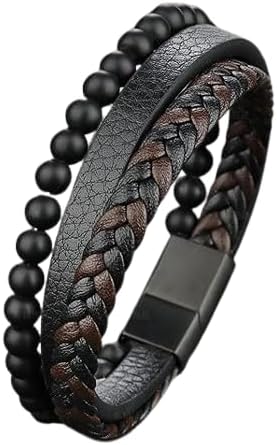 MEENAZ Bracelet for Men Black Leather Bracelet for boys Magnetic-Clasp Leather Mens Beads Bracelet Evil eye Bracelets for Men Stylish Combo Silver Stainless Steel Birthday Gift Anniversary Husband 665