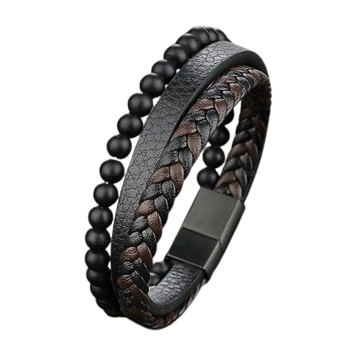 MEENAZ Black Leather Bracelet for Men Boys Magnetic-Clasp Evil Eye Bracelets for Men Stylish Combo Silver Stainless Steel Birthday Gift Anniversary Husband 665
