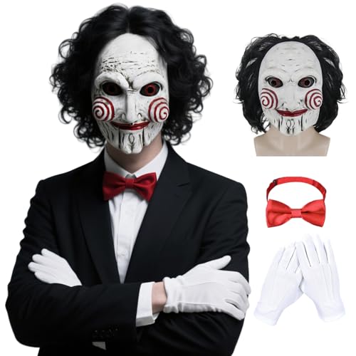 Scary Adult Halloween Costumes Mask Men Billy Mask Scary Movie Cosplay Full Head Latex Mask with Bow Tie Gloves QM062