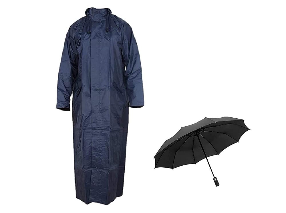 Women's Waterproof Long Overcoat With Adjustable Hood Double Layer For Men Bike Rain Jacket With Storage Bag With Black Umbrella (Navy Blue)-picture-15