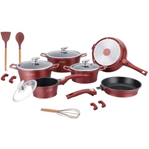 Lot de 17 batteries casseroles et poêles en aluminium moulé sous pression antiadhésif, revêtement en marbre, idéal pour induction ou gaz, couvercles en...