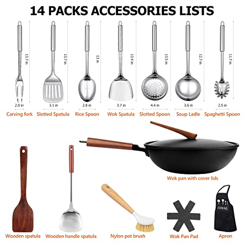 Leitao Carbon Steel Wok Pan, 14 Piece Woks & Stir-Fry Pans Set With Lid & Cookwares, No Chemical Coated Flat Bottom Chinese Woks Pan For Induction, Electric, Gas, Halogen All Stoves #TOP1