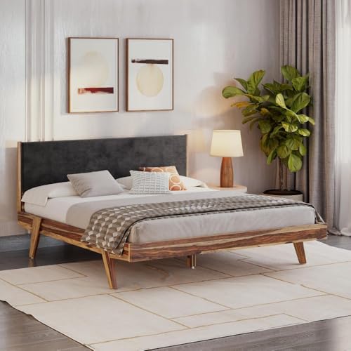 Image of Wakefit Bed | King (78x72) Sheesham Wood Bed Upholstered, Without Storage | 3 Year Warranty | Lynx - Burma Brown