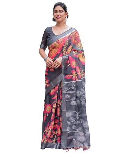 Image of Kaugalian store Linen Cotton Floral Printed Saree for Women with Unstitched Blouse Piece | 5.5 M Saree & 0.8 M Blouse