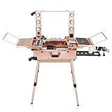 Ovonni LED Makeup Train Case, Lighted Rolling Travel Portable Cosmetic Organizer Box with Mirror & 4 Detachable Wheels, Professional Artist Trolley Studio Free Standing Workstation, Rose Gold