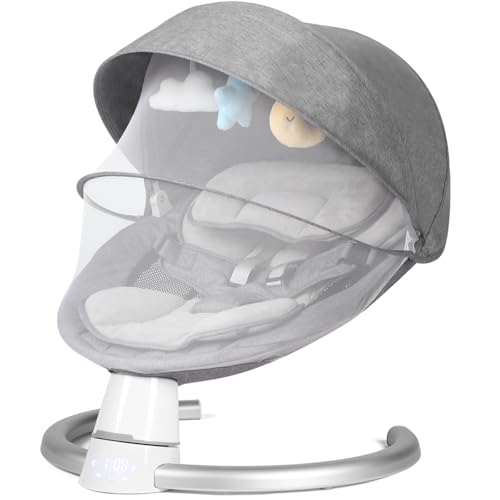 Image of Baby Swing for Infants, Baby Rocker with 5 Speed & 10 Preset Lullabies, Bluetooth Support, 5 Point Harness with Remote Control and 3 Hanging Toys, Gray