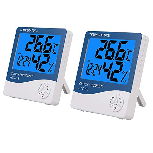 eSynic 2 Pcs Backlight Digital Thermometer Hygrometer Humidity Meter Indoor LCD Digital Hygrometer with Large LCD Screen and Alarm Clock Funtion for Home Office Bedroom Babyroom etc