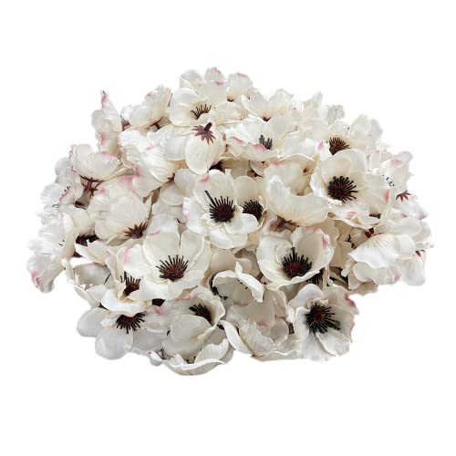 Rikyo 100 Pcs Artificial Silk Poppy Anemone Flower Heads Autumn Fake Poppy Flower,Vase Fillers,Corsages For Wedding Decor,Nursery Wall,Archway Decor Wreath Garland Cake Ornaments (White) #TOP29