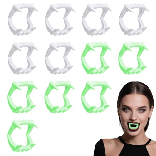 Xanthelle Vampir Zähne, 12 peças de dentes de vampiro para crianças e adultos em branco e verde, dentes de vampiro para disfarce de Halloween ou festa de máscaras