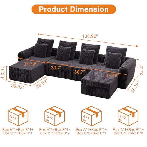 Image of Feonase Modular Sectional Sofa, Cloud Sectional Couch with Deep Seat, 134'Modern Modular U Shape Sofa Couch with Chaise, Upholstered Boneless Couches for Living Room Bedroom, Dark Grey