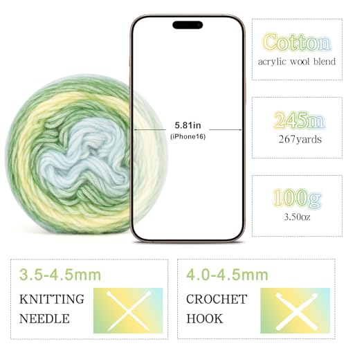 Image of Katech Ombre Yarn for Crocheting-Gradient Cake Yarn-4x100g 60% Cotton 30% Acrylic 11% Wool-Multicolor Soft Rainbow Cotton Crochet Yarn for Scarves, Shawls, Blankets and Garments(R)