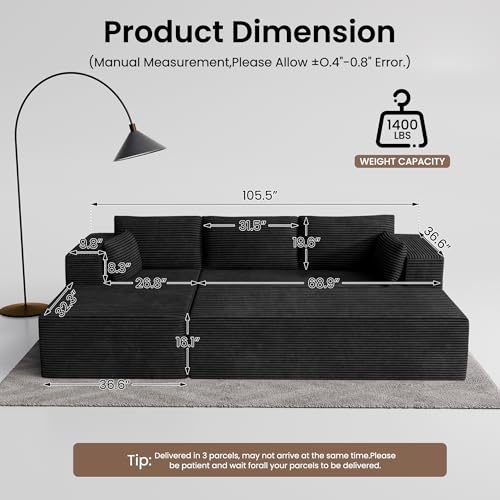 Image of GRUSIGN 106 inch Oversized Sectional Boneless Sleeper Sofa Bed Couches for Living Room, Modular L Shaped Couch with Left Facing Chaise & Big Ottoman, Compressed Spineless Corduroy Cloud Sofas, Black