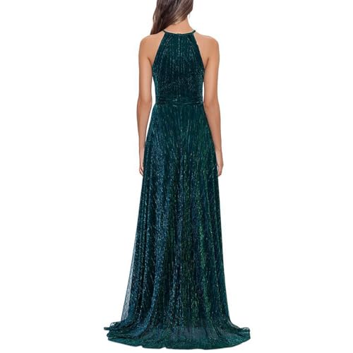 Image of Betsy & Adam Women's Metallic Knit Halter Neck Sleeveless Floor Length Dress