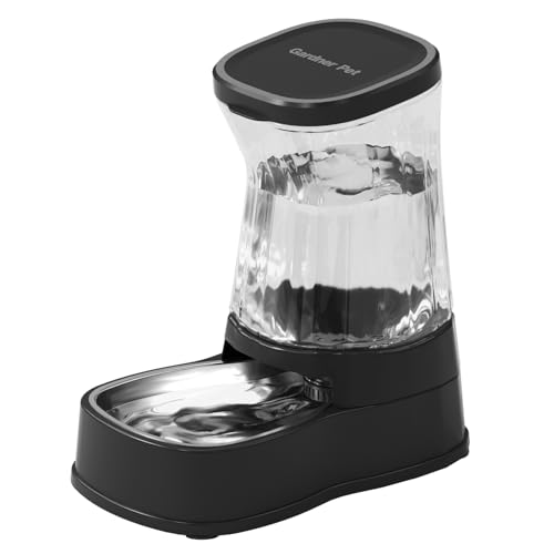 Gardner Pet 8L Dispenser Acqua Gatti, Dispenser Acqua Cani con Ciotola in Acciaio Inox, GravitÀ Abbeveratoio per Cani Non è Richiesta ElettricitÀ, Senza BPA, Nero
